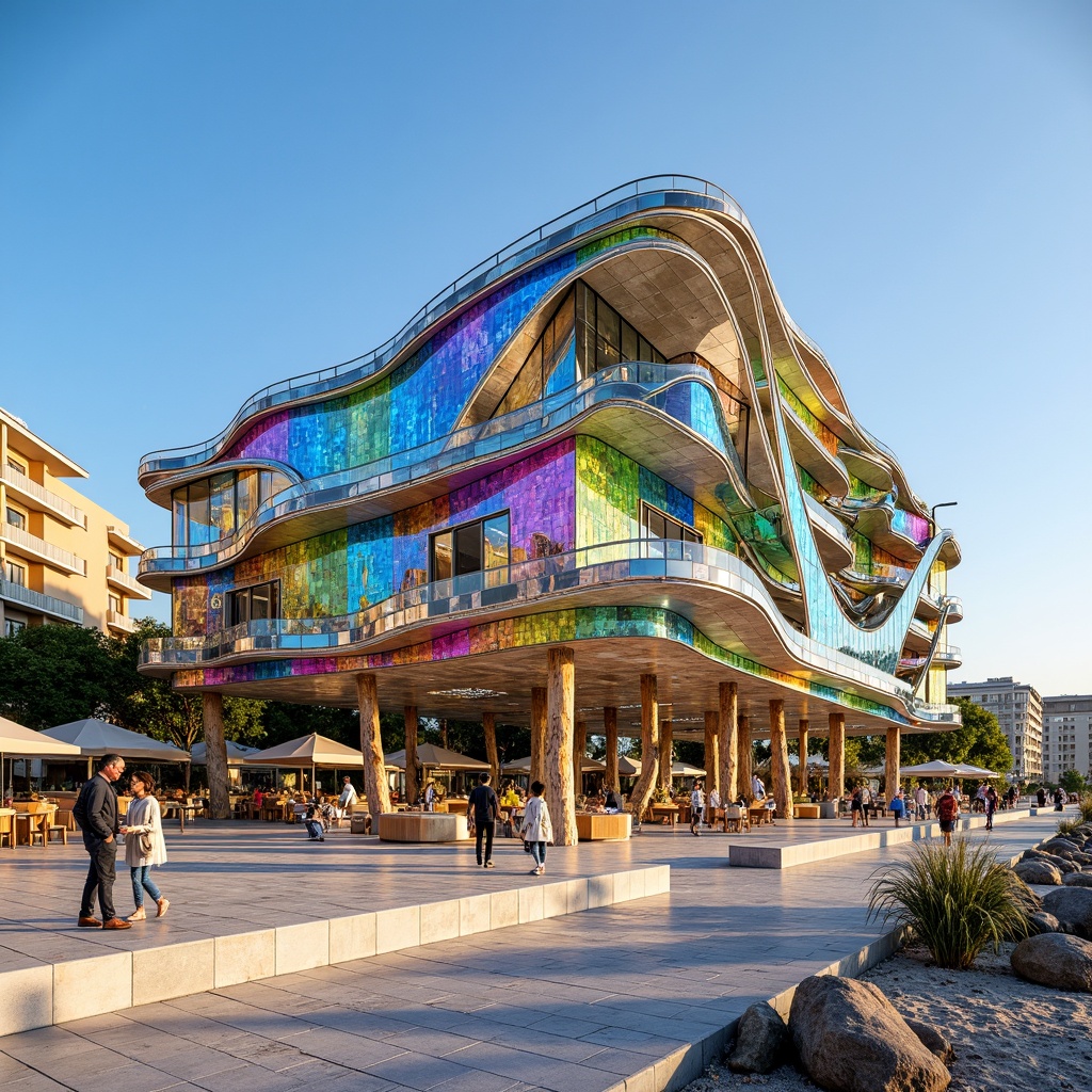 Prompt: Vibrant beachside pavilion, iridescent glass facade, undulating curves, kaleidoscope colors, transparent roofing, shimmering mosaic walls, ocean-inspired patterns, driftwood accents, coral-like structures, seaside promenade, sandy pathways, coastal vegetation, sunny afternoon, soft golden lighting, 1/2 composition, symmetrical framing, high-contrast textures, ambient shadows.