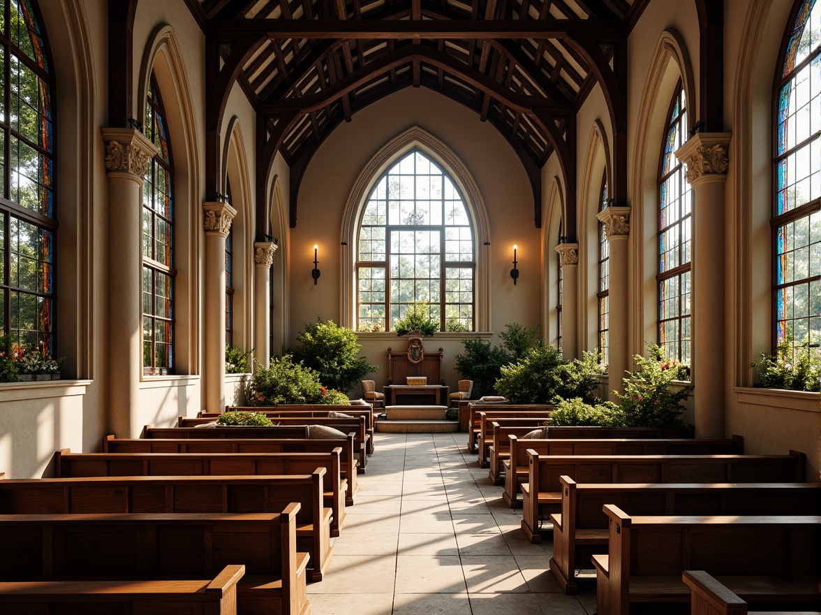 Prompt: Serene chapel interior, stained glass windows, vaulted ceilings, ornate wooden pews, sacred altar, intricate stone carvings, natural light pouring in, soft warm ambiance, subtle shadows, gentle illumination, peaceful atmosphere, lush greenery outside, blooming flowers, mature trees, rustic stone walls, earthy tones, harmonious blend of nature and architecture, symmetrical composition, 1/1 aspect ratio, realistic textures, ambient occlusion.