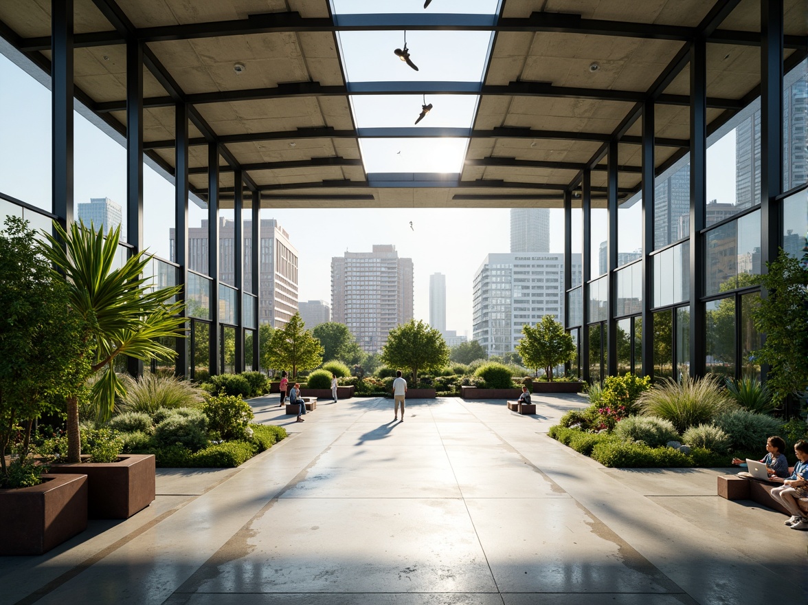 Prompt: Modern gymnasium, sleek lines, minimalist design, large windows, natural light, polished concrete floors, industrial chic accents, vibrant green walls, living plants, tropical palms, geometric planters, modern outdoor furniture, cantilevered rooflines, angular steel structures, functional layout, high ceilings, urban atmosphere, cityscape views, sunny day, soft warm lighting, shallow depth of field, 3/4 composition, panoramic view, realistic textures, ambient occlusion.