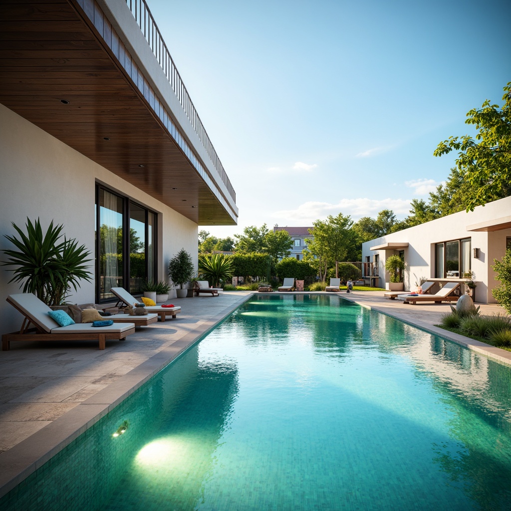 Prompt: Sleek modern swimming pool, streamlined shapes, turquoise water, shimmering sunlight, LED underwater lights, glowing pool floor, stainless steel railings, minimalist lounge chairs, vibrant colored towels, natural stone decking, tropical plants, warm sunny day, soft focus, shallow depth of field, 1/1 composition, realistic reflections, ambient occlusion.