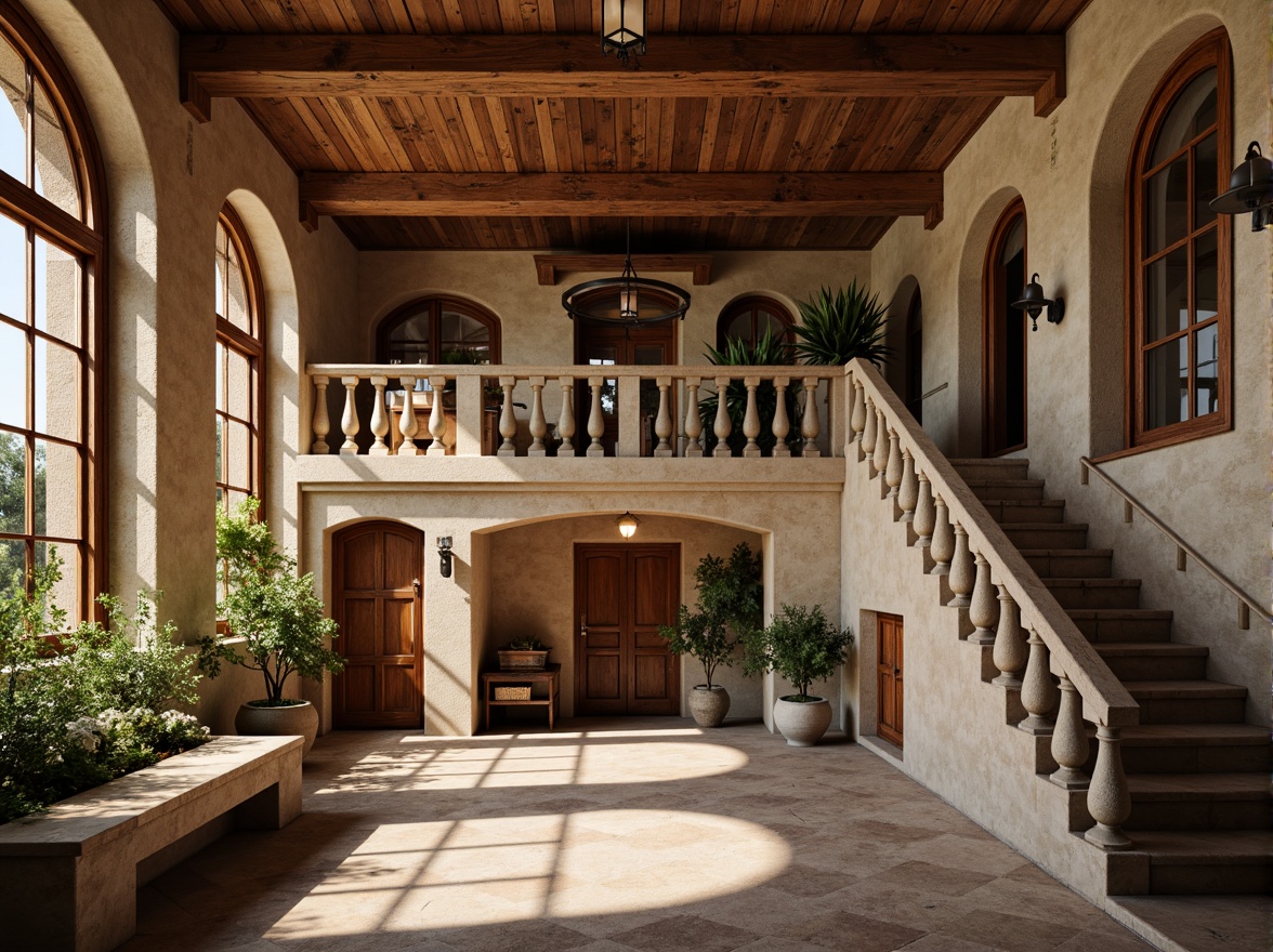 Prompt: Rustic clinic building, Romanesque arches, stone columns, ornate carvings, rounded doorways, thermal windows, warm earthy tones, natural stonework, distressed wood accents, decorative ironwork, grand entrance hall, sweeping staircases, vaulted ceilings, soft warm lighting, shallow depth of field, 1/2 composition, realistic textures, ambient occlusion.