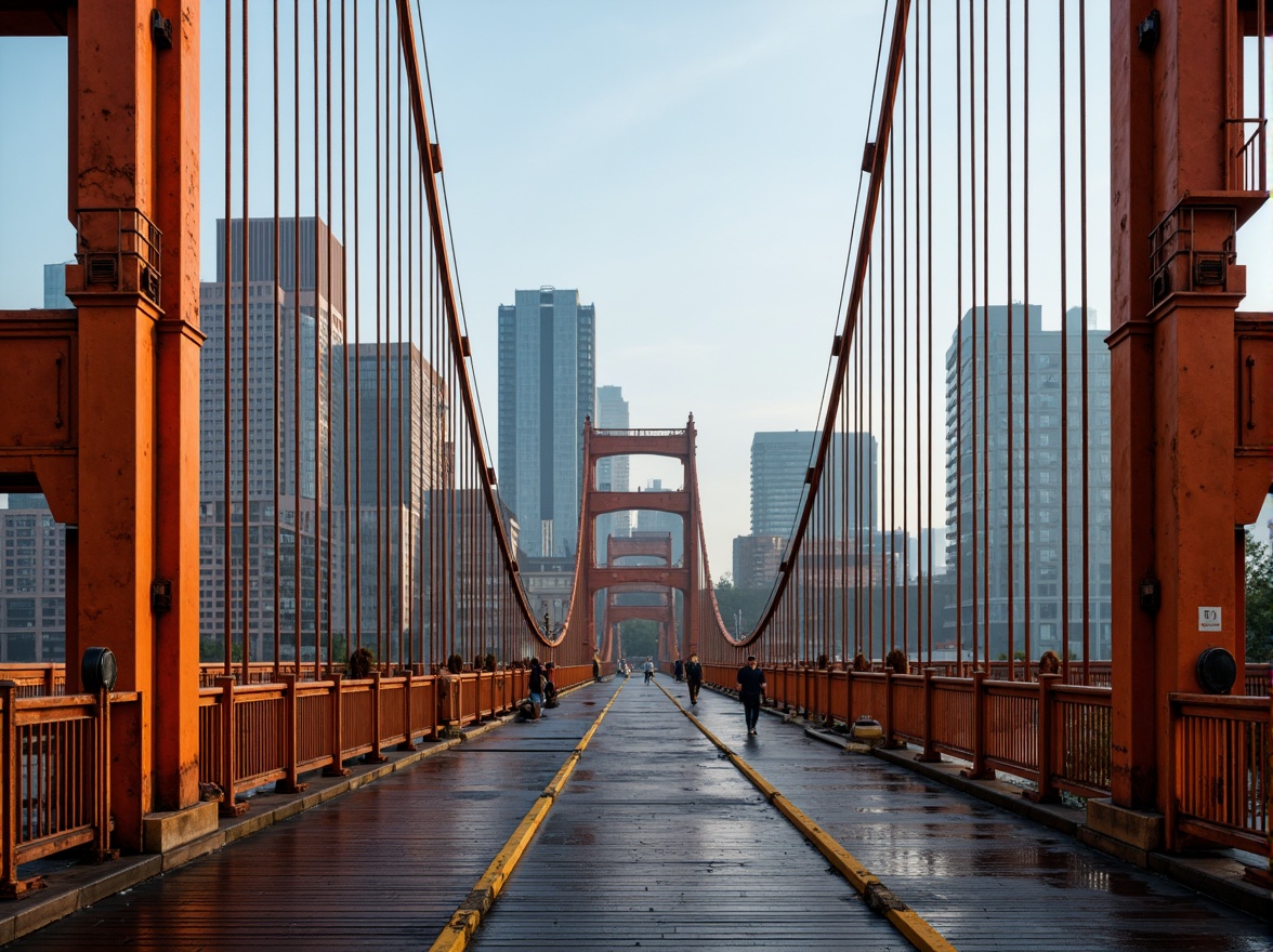 Prompt: Vibrant steel bridges, industrial modern design, metallic luster, bold structural lines, suspension cables, urban cityscape, misty morning atmosphere, soft warm lighting, shallow depth of field, 3/4 composition, panoramic view, realistic textures, ambient occlusion, rusty orange hues, deep blues, bright whites, weathered wooden accents, riveted steel details, sleek contemporary railings.