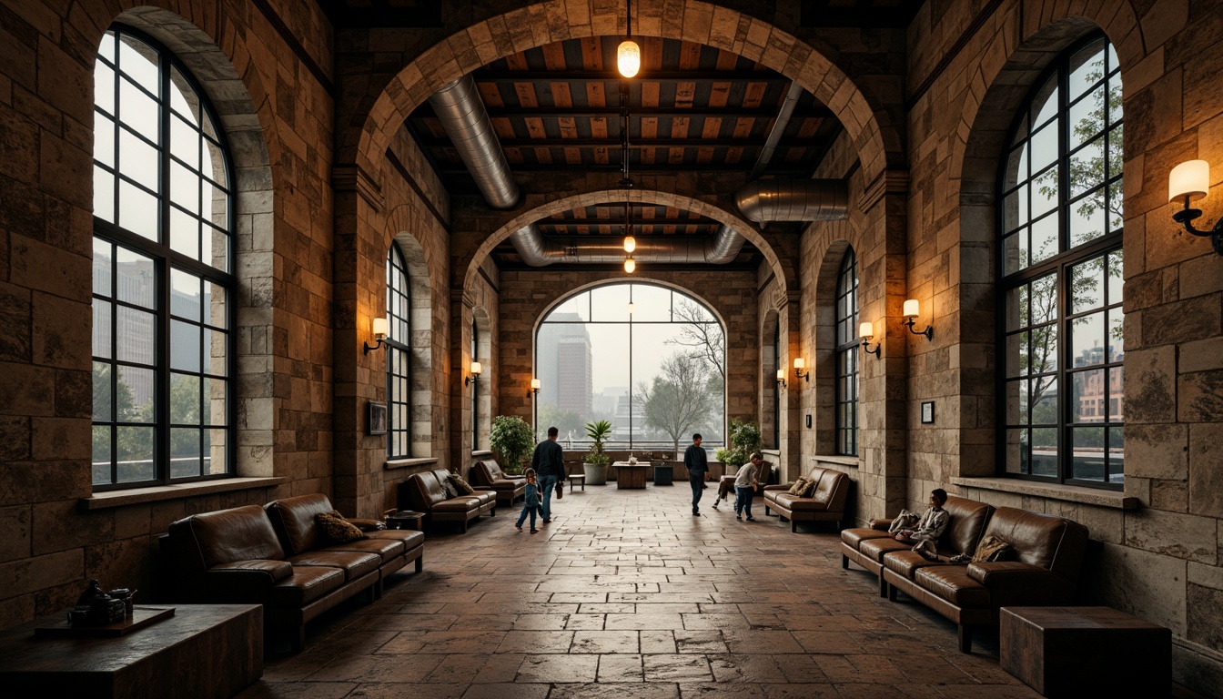 Prompt: Rustic stone walls, Gothic arches, ornate carvings, industrial metal beams, exposed ductwork, reclaimed wood accents, distressed finishes, vintage machinery, urban cityscape, overcast skies, warm golden lighting, high contrast ratio, dramatic shadows, 1/1 composition, symmetrical framing, gritty textures, atmospheric fog.