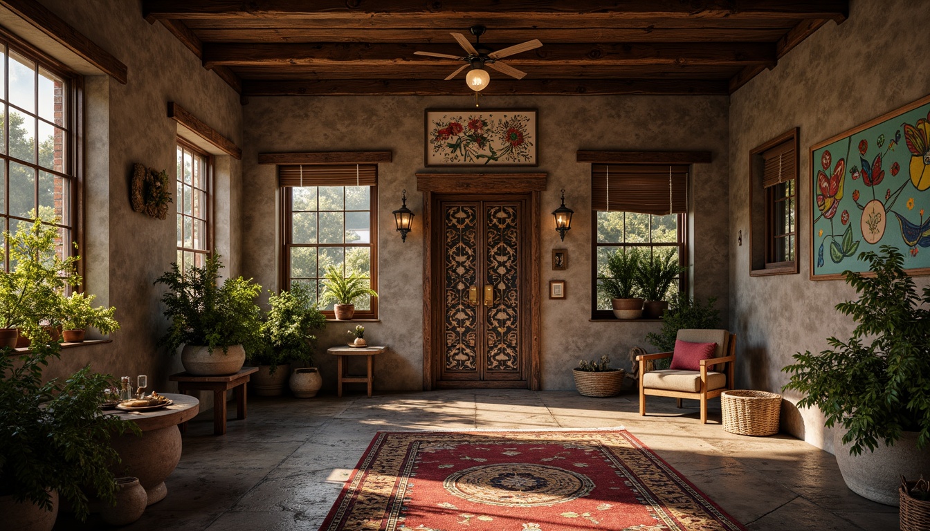 Prompt: Rustic wooden planks, weathered stone walls, intricately carved metal doors, ornate ceramic tiles, vibrant graffiti murals, distressed concrete floors, eclectic mix of textures, richly patterned rugs, warm golden lighting, atmospheric mist, cinematic composition, shallow depth of field, 1/1 aspect ratio, highly detailed normal maps, realistic ambient occlusion.