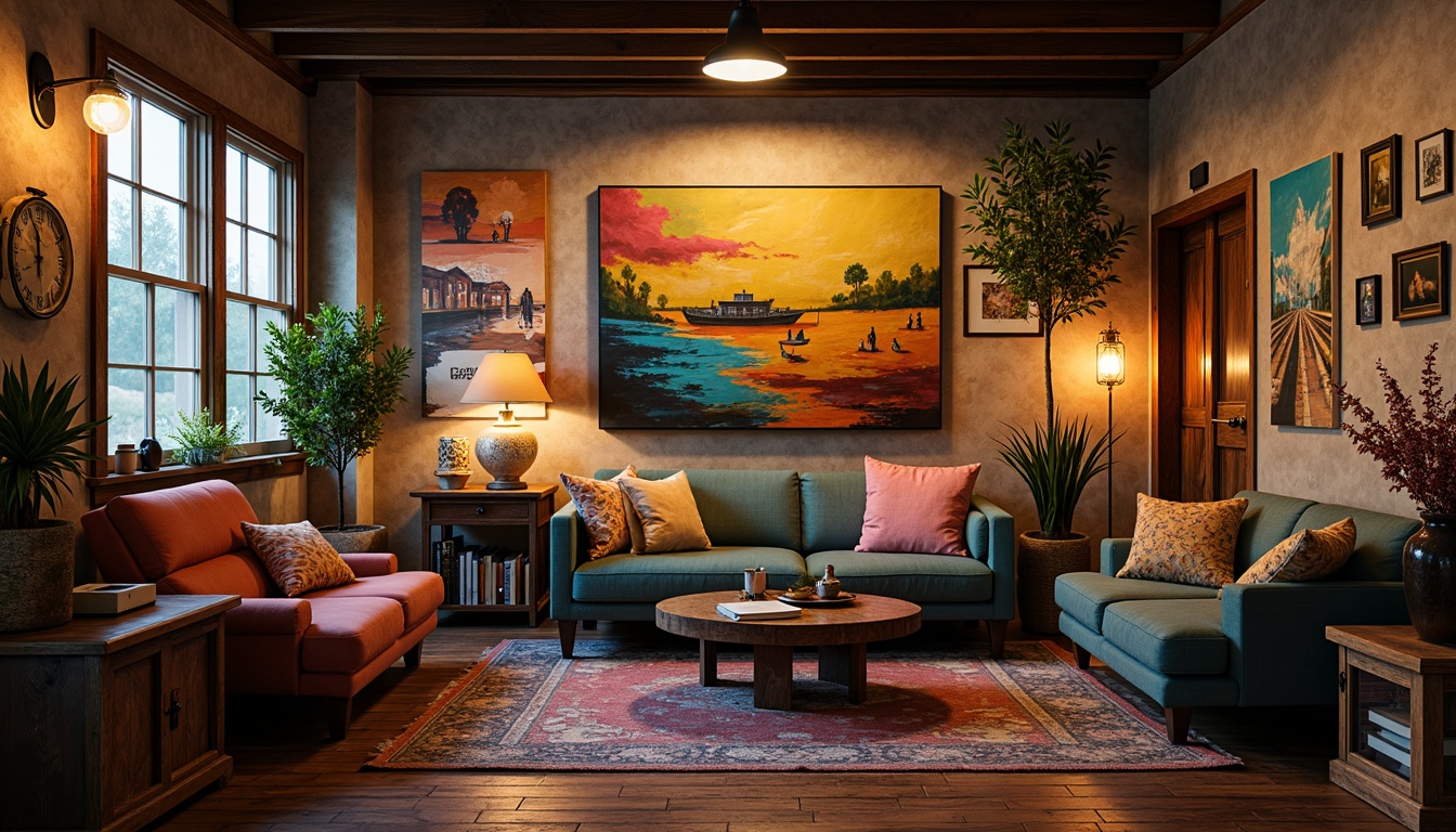 Prompt: Vibrant artistic studio, eclectic mix of vintage furniture, rich wood tones, bold brushstroke artwork, abstract expressionist paintings, moody atmospheric lighting, warm golden hues, deep berry shades, soft pastel accents, distressed textures, industrial metal accents, reclaimed wooden floors, cozy plush rugs, intimate corner nooks, dynamic 3/4 composition, creative freedom-inspired atmosphere.