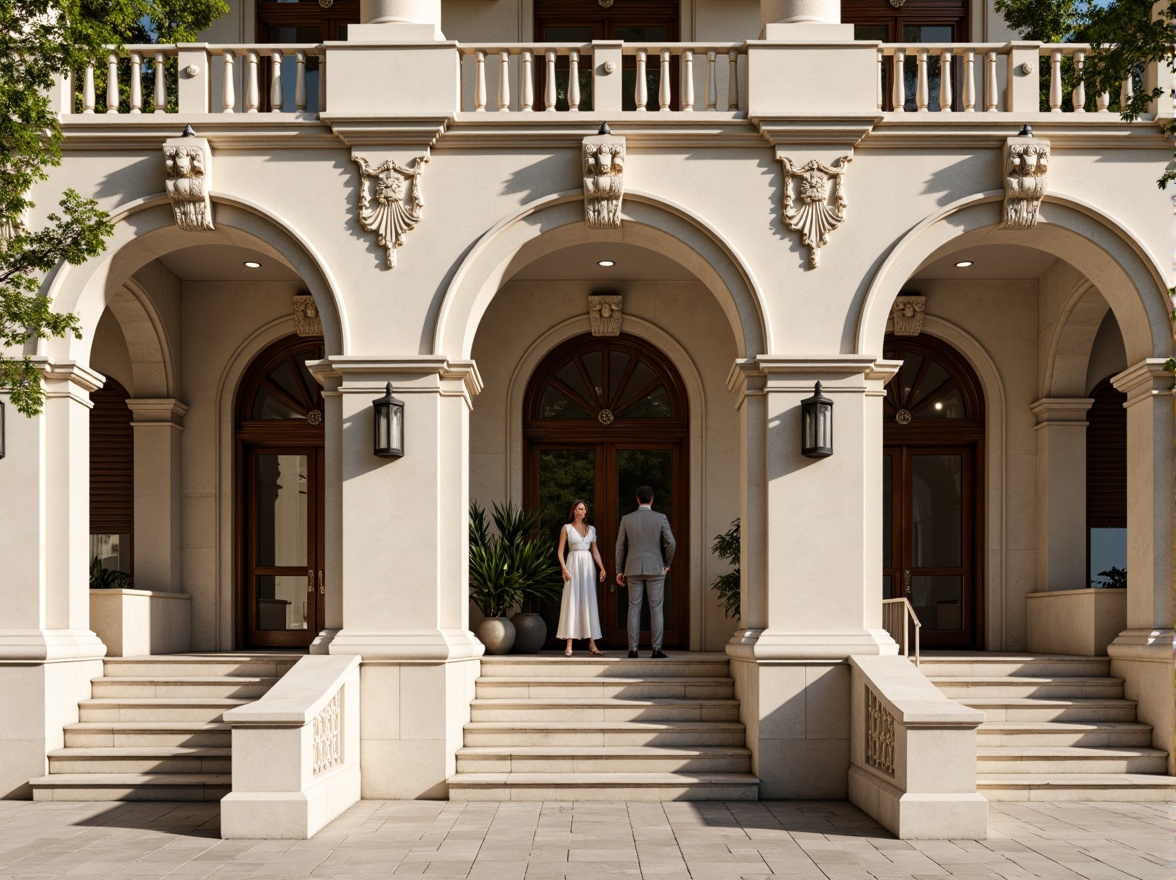 Prompt: Grandiose building facade, ornate columns, intricate carvings, classical pediments, symmetrical composition, majestic entrance, sweeping staircases, elegant balustrades, limestone walls, ornamental details, refined moldings, subtle arches, soft natural light, warm beige tones, nuanced shading, 1/2 composition, realistic textures, ambient occlusion.