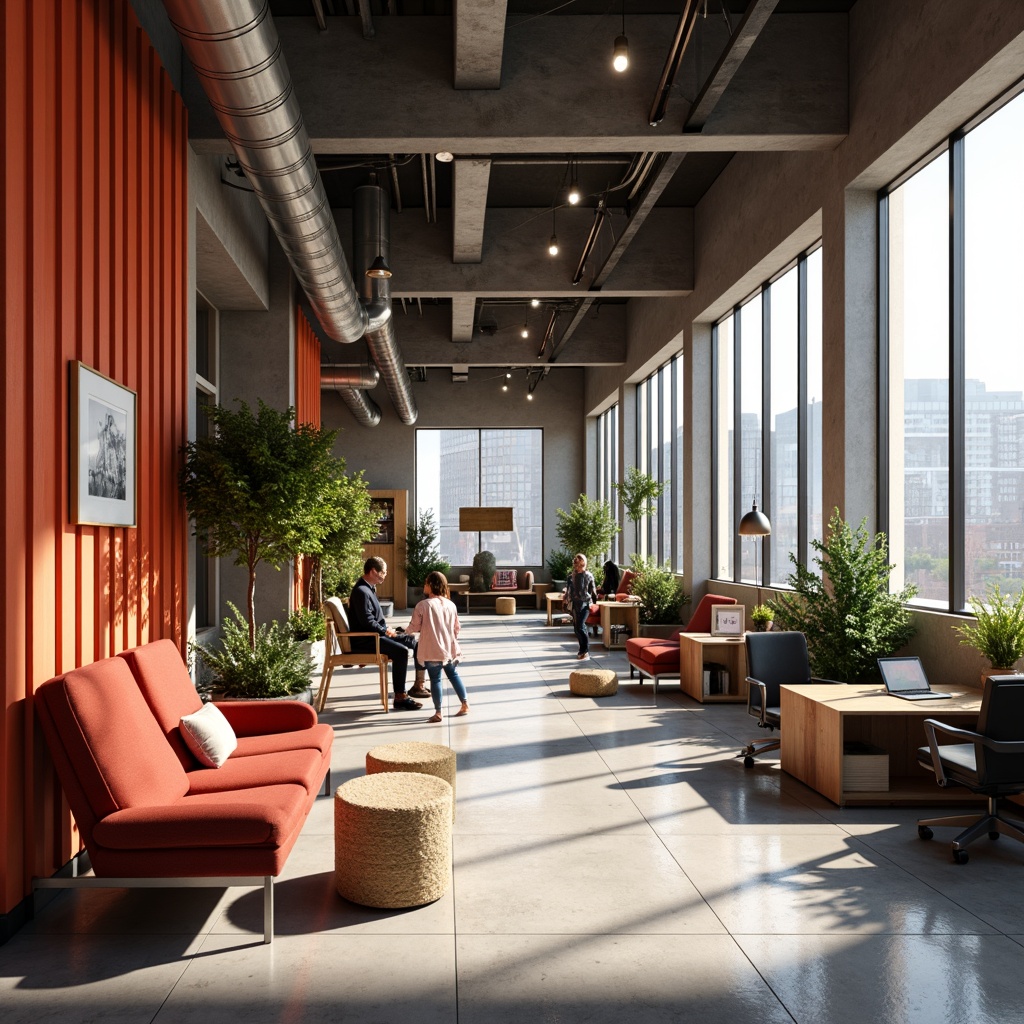 Prompt: Vibrant startup office, modern minimalist decor, bold accent walls, sleek metal furniture, ergonomic chairs, collaborative workspaces, natural wood accents, innovative lighting fixtures, urban cityscape views, sunny day, soft warm lighting, shallow depth of field, 3/4 composition, realistic textures, ambient occlusion.