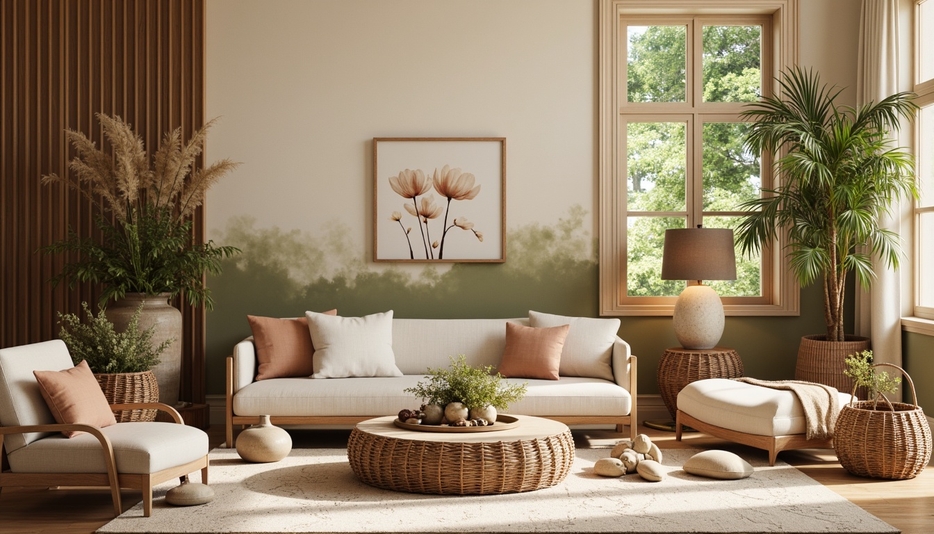 Prompt: Organic botanical forms, delicate florals, earthy terracotta tones, natural stone textures, woven wicker patterns, driftwood accents, soft sage greens, creamy ivory whites, subtle linen fabrics, effortless elegance, warm golden lighting, shallow depth of field, 1/1 composition, intimate atmosphere, realistic renderings.