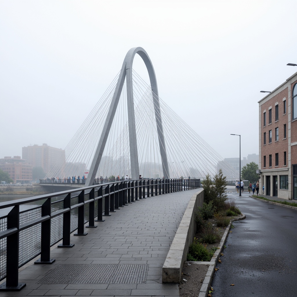 Prompt: Elegant pedestrian bridge, sleek steel arches, suspension cables, sturdy pillars, modern academic style, clean lines, minimal ornamentation, functional design, durable concrete foundations, textured stone walkways, gentle slope, accessible ramps, safety railings, urban cityscape, morning fog, soft natural lighting, shallow depth of field, 1/2 composition, realistic reflections, ambient occlusion.