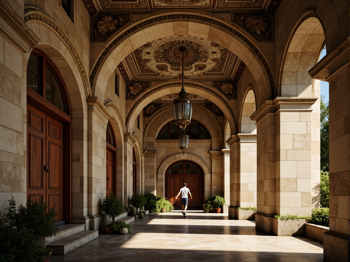 Prompt: Ancient Roman-inspired architecture, weathered stone walls, ornate carvings, rusty metal accents, moss-covered surfaces, worn wooden doors, grand archways, vaulted ceilings, intricate mosaics, ornamental columns, faded frescoes, warm golden lighting, shallow depth of field, 2/3 composition, atmospheric perspective, realistic normal maps, subtle ambient occlusion.