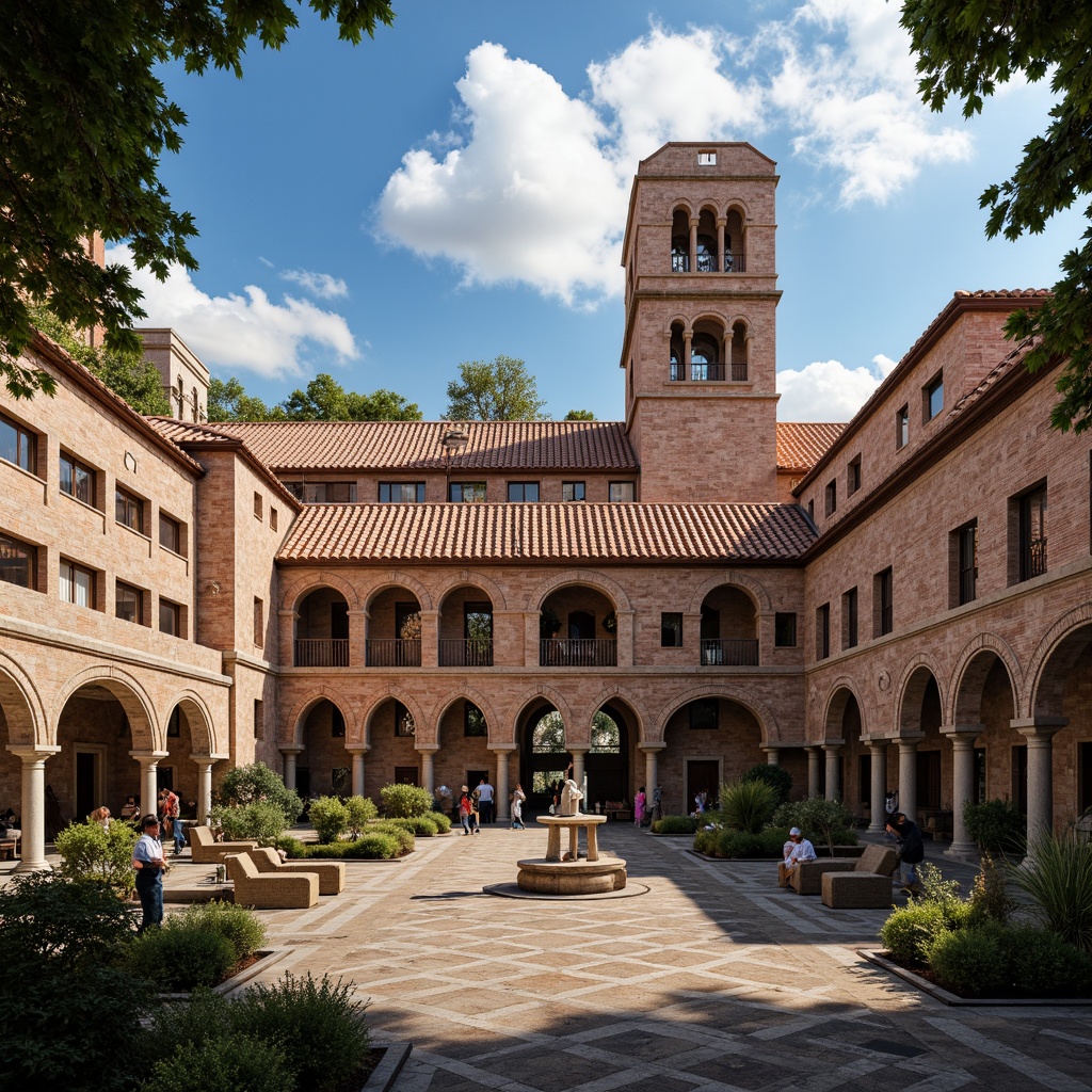 Prompt: Grand Romanesque cathedral, terracotta roof tiles, curved arches, ornate stone carvings, vibrant stained glass windows, intricately patterned flooring, rustic wooden beams, elegant vaulted ceilings, majestic bell towers, picturesque town squares, cloudy blue sky, warm afternoon sunlight, high-angle shot, 1/1 composition, dramatic shadows, realistic textures, ambient occlusion.