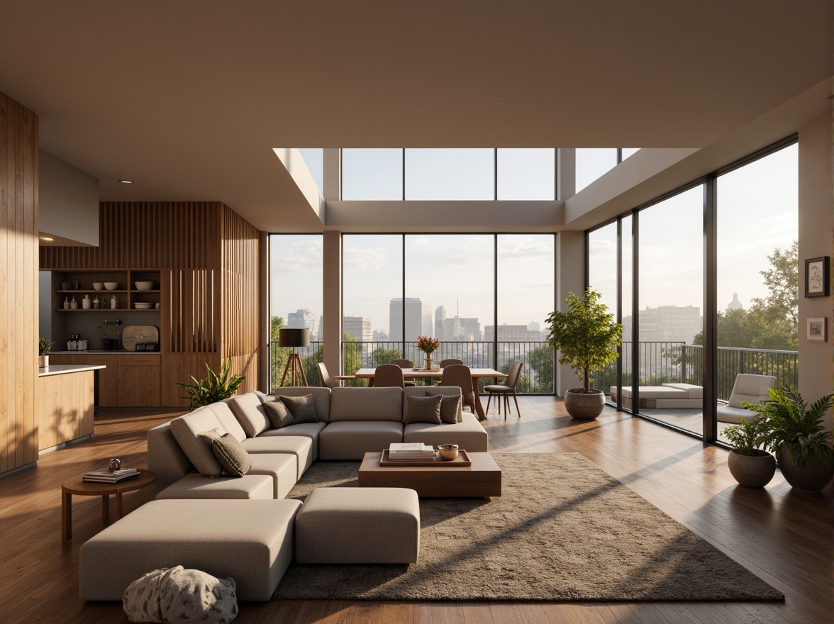 Prompt: Cozy living room, comfortable sofas, warm lighting, wooden flooring, minimalist decor, functional layout, open-plan kitchen, dining area, large windows, natural ventilation, calm color scheme, soft furnishings, plush carpets, intimate atmosphere, 1/1 composition, realistic textures, ambient occlusion, modern residential architecture, sleek lines, rectangular forms, elegant facade, urban context, cityscape views, morning sunlight, gentle shadows.