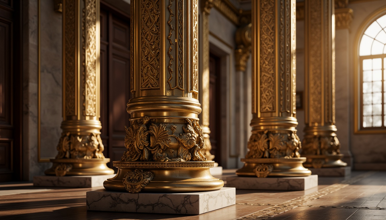 Prompt: Ornate column, golden ornaments, intricately carved details, fluted shafts, ornamental capitals, grandiose architectural features, luxurious materials, marble or granite bases, polished metal accents, lavish decorations, symmetrical composition, dramatic lighting effects, warm ambient glow, subtle shadows, 1/1 aspect ratio, high-contrast textures, detailed normal maps.