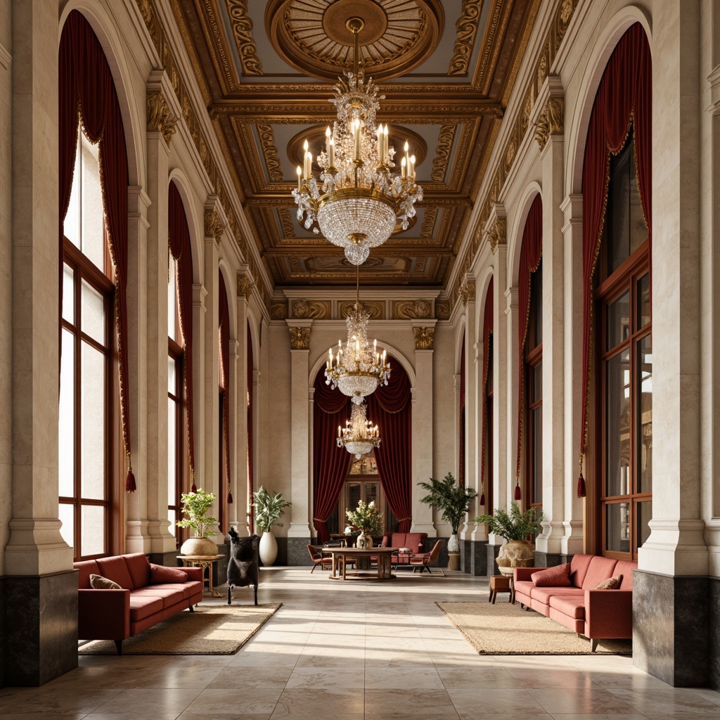 Prompt: Elegant neoclassical facade, ornate carved stonework, polished marble columns, intricate moldings, gilded details, richly toned wood paneling, velvet drapes, crystal chandeliers, grandiose archways, symmetrical composition, dramatic lighting, warm beige color palette, luxurious textiles, refined metalwork, antique furniture pieces, opulent furnishings, subtle gradient effects, soft focus blur, 1/2 composition, realistic reflections.