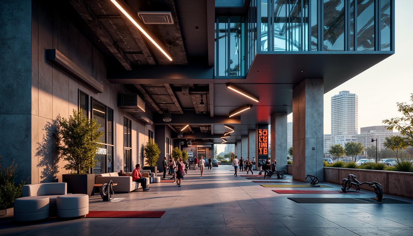 Prompt: Geometric fitness club facade, bold constructivist architecture, dynamic angular lines, industrial metal beams, exposed ductwork, concrete walls, neon color accents, LED lighting strips, urban cityscape, morning sunlight, high-contrast shadows, dramatic composition, 1/2 framing, abstract background blur, realistic material textures, atmospheric fog effects, vibrant sporty colors, motivational fitness quotes, modern gym equipment, exercise machines, free weights, yoga mats.