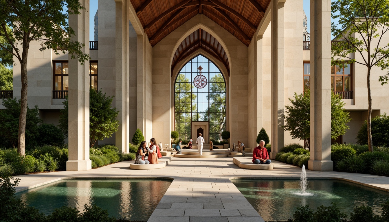 Prompt: Serene worship space, natural stone exterior, stained glass windows, lush greenery surroundings, water feature fountain, walking paths, meditation garden, spiritual sculptures, elegant archways, vaulted ceilings, warm beige tones, ambient soft lighting, shallow depth of field, 3/4 composition, panoramic view, realistic textures, ambient occlusion, harmonious blend of architecture and nature.