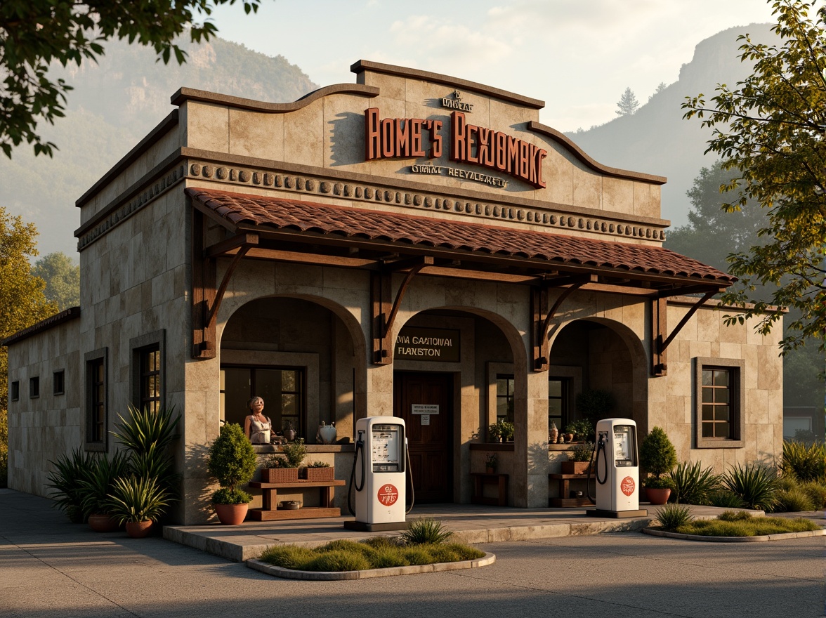 Prompt: Rustic gas station, distressed stone fa\u00e7ade, earthy tone walls, worn wooden accents, vintage metal signage, ornate ironwork details, curved archways, grand entrance doors, rich terracotta roof tiles, moss-covered stone foundations, overgrown vegetation, misty morning atmosphere, warm golden lighting, shallow depth of field, 1/1 composition, realistic textures, ambient occlusion.Please let me know if this meets your requirements or if you need any adjustments!