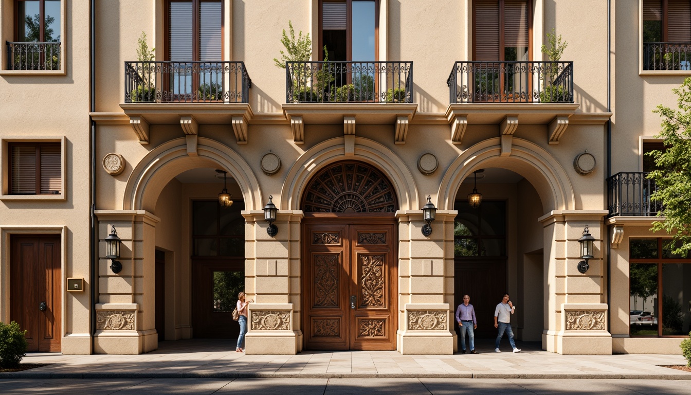 Prompt: Ornate Renaissance-style facade, symmetrical composition, grand entrance, carved wooden doors, ornamental metalwork, stone columns, rusticated quoins, arched windows, balconies with intricate iron railings, classical pediments, decorative cornices, richly textured stucco walls, warm earthy color palette, soft natural light, shallow depth of field, 2/3 composition, realistic textures, ambient occlusion.