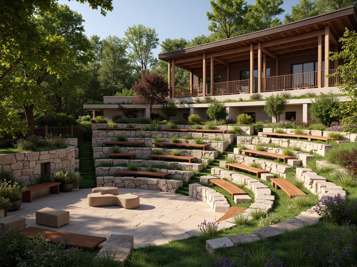 Prompt: Rustic amphitheater, natural stone seating, wooden benches, grassy slopes, curved architecture, grandstand design, tiered levels, open-air performances, lush greenery, blooming flowers, rustic metal railings, rough-hewn wood accents, earthy color palette, warm afternoon lighting, soft shadows, 1/2 composition, atmospheric perspective, realistic textures, ambient occlusion.