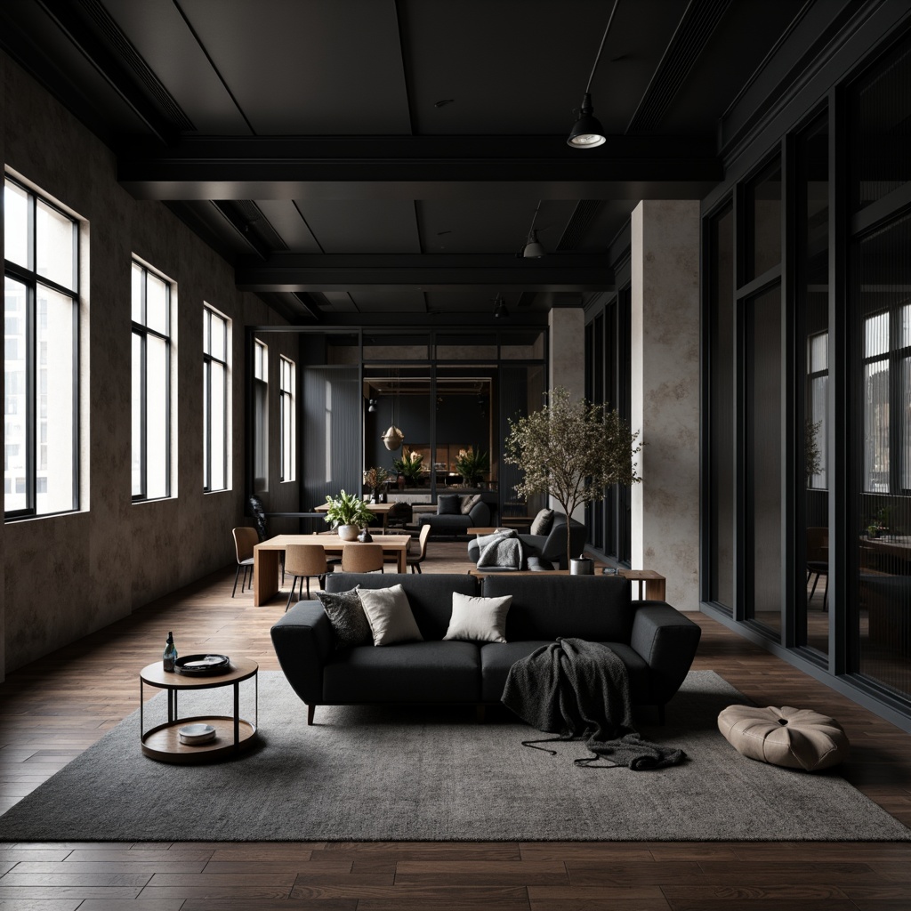 Prompt: Streamlined modern interior, polished chrome accents, sleek glass surfaces, matte black furniture, minimalist decor, subtle wood grain textures, monochromatic color scheme, ambient soft lighting, 1/1 composition, shallow depth of field, realistic reflections, luxurious velvet fabrics, metallic sheen, geometric patterns, industrial chic, urban loft atmosphere.