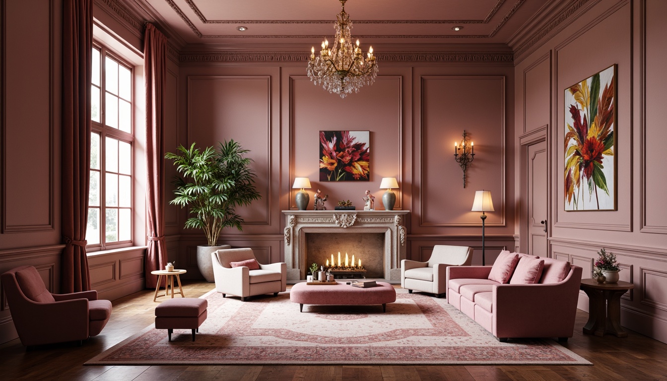 Prompt: Rich mauve hues, soft blush tones, warm beige accents, luxurious velvet textures, ornate gold details, elegant curved lines, sophisticated interior design, opulent furnishings, lavish decorations, lavish chandeliers, refined architectural elements, subtle gradient effects, atmospheric soft focus, 1/2 composition, cinematic lighting, realistic reflections, intricate patterns.