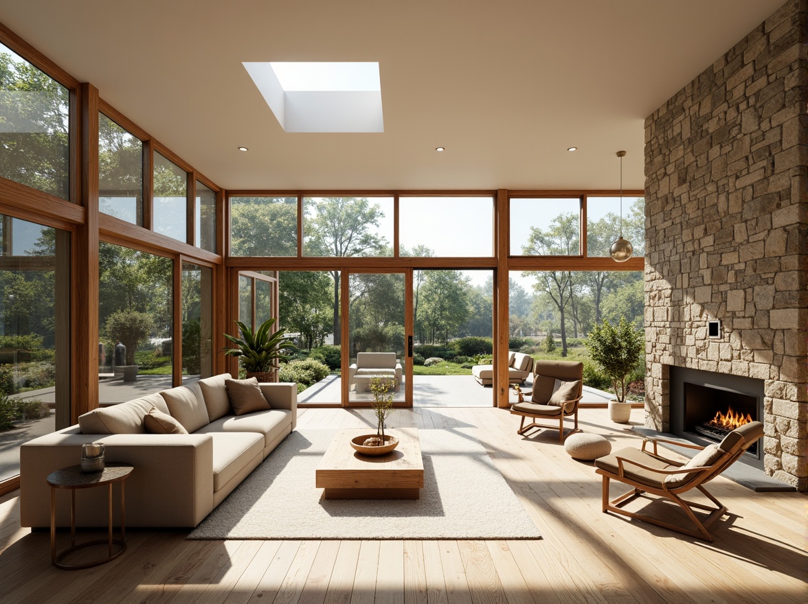 Prompt: Cozy living room, large windows, sliding glass doors, skylights, clerestory windows, natural stone walls, wooden flooring, minimal obstruction, open floor plan, bright airy atmosphere, warm sunny day, soft diffused light, gentle shadows, 1/1 composition, shallow depth of field, panoramic view, realistic textures, ambient occlusion.