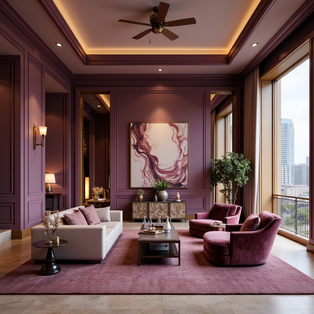 Prompt: Mauve-inspired interior design, soft mauve walls, rich plum accents, luxurious velvet furniture, ornate gold fixtures, lavish drapery, warm beige flooring, subtle sheen finishes, elegant crown molding, sophisticated ambient lighting, dramatic floor-to-ceiling windows, urban cityscape views, modern minimalist decor, abstract artwork, 1/1 composition, shallow depth of field, softbox lighting.