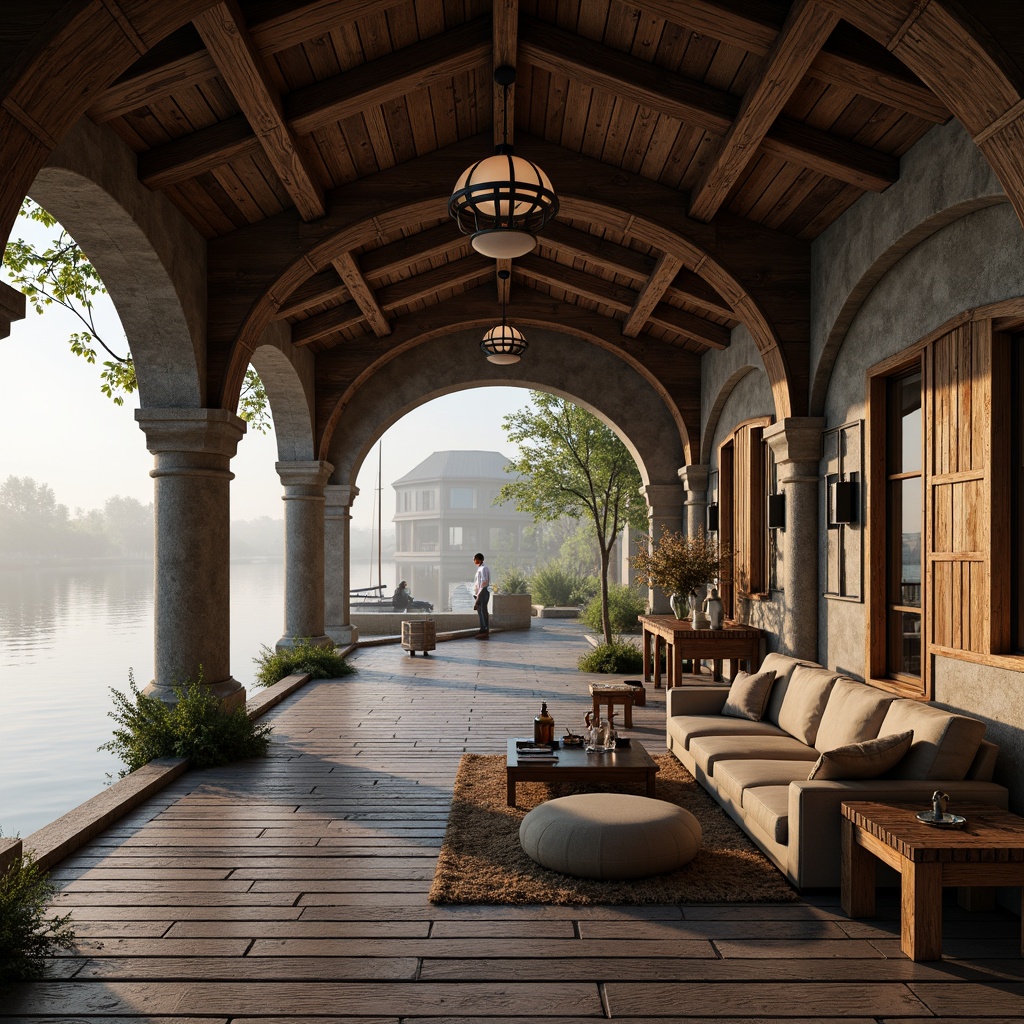 Prompt: Waterfront boathouse, rustic wooden dock, ornate stone carvings, curved Romanesque arches, decorative trusses, wooden roof shingles, nautical rope details, distressed wood textures, earthy color palette, soft warm lighting, misty morning atmosphere, shallow depth of field, 1/2 composition, realistic water reflections, ambient occlusion, cozy interior spaces, plush furnishings, vintage nautical artifacts.