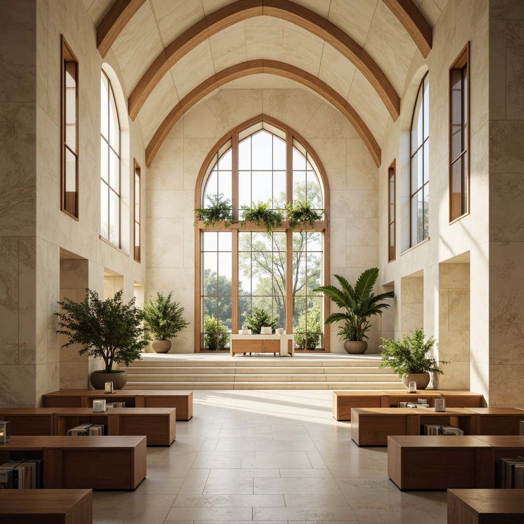 Prompt: Minimalist sacred space, creamy white marble, warm beige stone, polished chrome accents, stained glass windows, soft diffused lighting, open floor plans, curved lines, minimalist decor, serene ambiance, peaceful atmosphere, lush greenery surroundings, natural wood textures, subtle spiritual symbols, modern geometric patterns, abstract art pieces, gentle water features, calming soundscapes, 1/2 composition, shallow depth of field, warm soft focus.