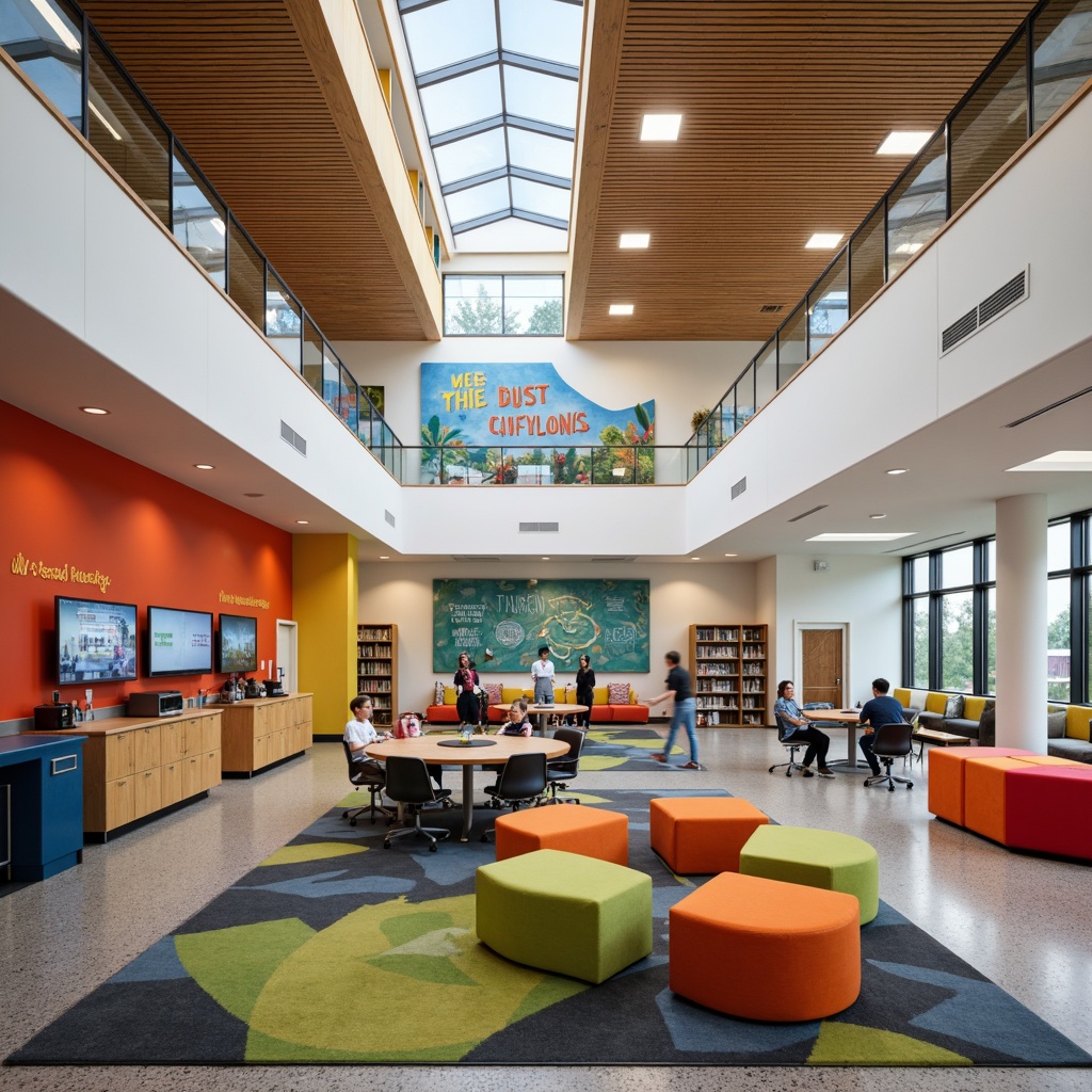 Prompt: Vibrant middle school interior, open floor plan, collaborative learning spaces, flexible seating arrangements, colorful lockers, educational murals, interactive whiteboards, modern lighting fixtures, wooden accents, comfortable reading nooks, circular tables, ergonomic chairs, soft carpeting, natural stone flooring, abundant natural light, clerestory windows, cozy corners, inspirational quotes, dynamic color schemes, 1/1 composition, shallow depth of field, warm and inviting atmosphere.