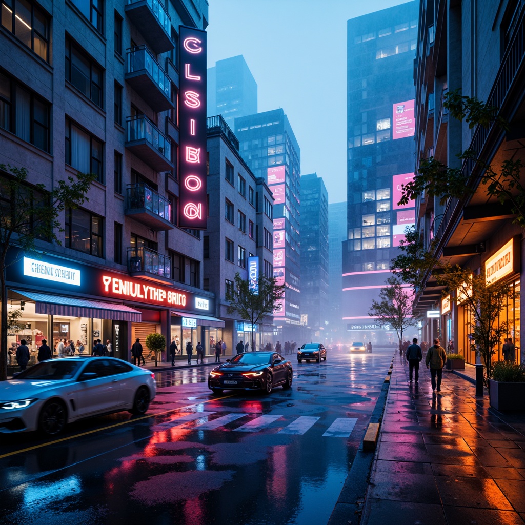 Prompt: Neon-lit cityscape, sleek metallic surfaces, iridescent hues, electric blues, vibrant pinks, glowing oranges, luminescent whites, dark shadows, atmospheric fog, futuristic skyscrapers, holographic displays, virtual reality interfaces, cyberpunk-inspired neon lights, 3D modeling, augmented reality visuals, high-tech gadgets, space-age materials, reflective chrome accents, geometric patterns, laser-cut details, avant-garde typography, bold contrasting colors, high-contrast lighting, cinematic depth of field.