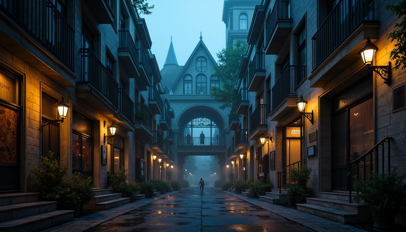 Prompt: Moody Prussian blue buildings, ornate Gothic details, intricate stone carvings, mysterious alleys, foggy misty atmosphere, warm golden lighting, rich velvet drapes, luxurious furnishings, regal crowns, majestic columns, grandiose archways, symmetrical compositions, dramatic shadows, cinematic mood, low-key illumination, atmospheric perspective, realistic textures, ambient occlusion.