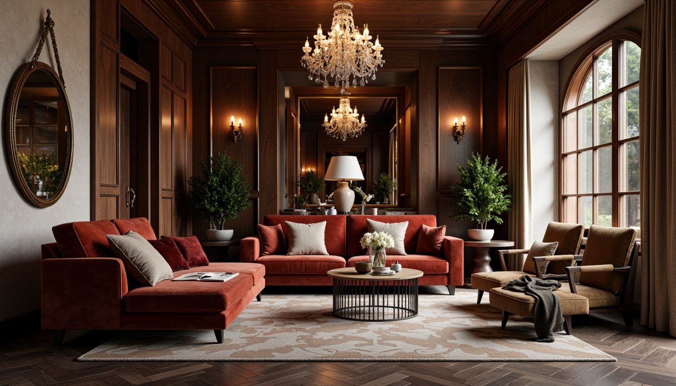 Prompt: Luxurious interior space, high-end furniture, rich wood tones, velvet upholstery, metallic accents, ornate mirrors, crystal chandeliers, marble flooring, natural stone walls, lavish textiles, subtle patterns, ambient lighting, dramatic color scheme, 1/1 composition, cinematic mood, shallow depth of field, realistic reflections.