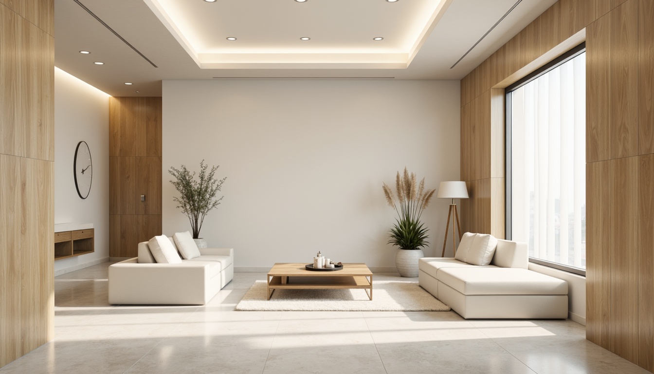 Prompt: Monochromatic interior, neutral beige tones, soft creamy whites, subtle grays, natural wood accents, sleek metallic lines, minimalist decor, empty space, calm atmosphere, warm ambient lighting, shallow depth of field, 1/1 composition, realistic textures, ambient occlusion.