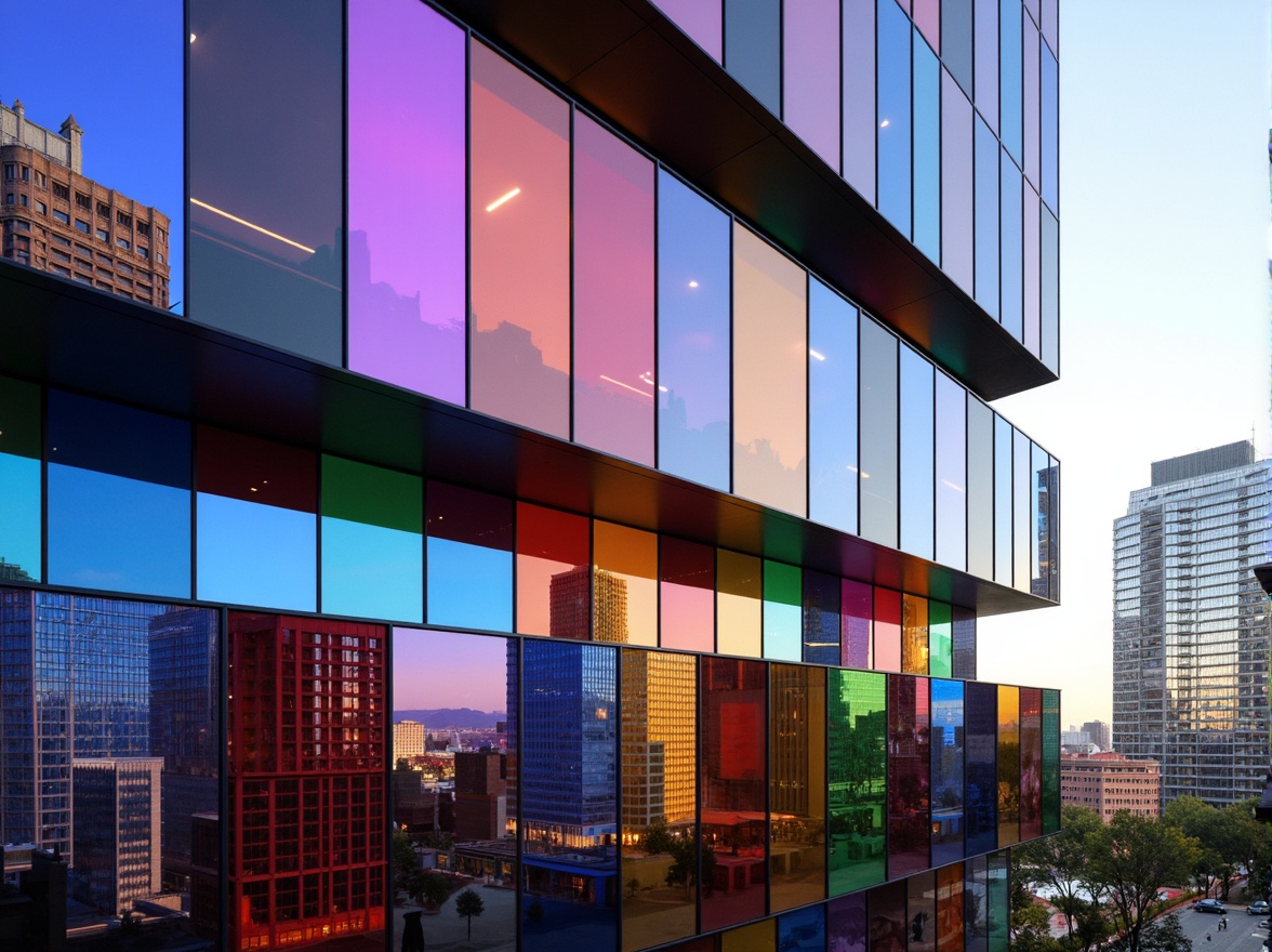 Prompt: Vibrant colored glass fa\u00e7ade, iridescent glazing, gradient hues, reflective surfaces, sleek metal frames, modern architecture, urban landscape, cityscape backdrop, dramatic natural light, soft warm illumination, 1/1 composition, realistic textures, ambient occlusion, subtle color gradations, luminescent effects, futuristic aesthetic, sustainable building materials, eco-friendly design, innovative glazing technologies.