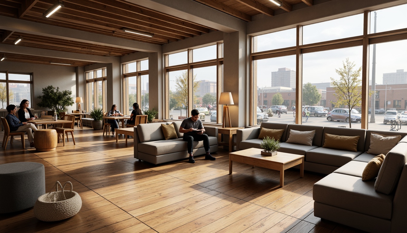 Prompt: Cozy student lounge, warm wooden flooring, soft cushions, comfortable sofas, study tables, ergonomic chairs, floor lamps, modern minimalist decor, neutral color palette, natural light, large windows, urban city view, bustling streets, youthful vibe, relaxed atmosphere, shallow depth of field, 1/2 composition, realistic textures, ambient occlusion.