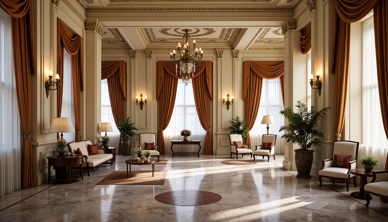 Prompt: Elegant neoclassical building, ornate stone carvings, polished marble floors, intricately patterned rugs, gilded moldings, rich velvet drapes, ornamental plaster ceilings, crystal chandeliers, luxurious silk fabrics, antique bronze hardware, sophisticated cream-colored walls, refined dark wood furniture, subtle warm lighting, shallow depth of field, 1/1 composition, symmetrical framing, realistic textures, ambient occlusion.