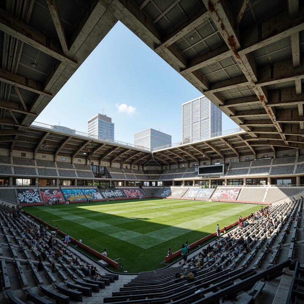 Prompt: Rugged sports field, brutalist architecture, concrete grandstands, steel beams, industrial lighting, vibrant green grass, natural stone walls, rusty metal accents, urban landscape integration, cityscape views, modern infrastructure, athletic tracks, soccer fields, basketball courts, tennis courts, abstract art installations, graffiti murals, edgy urban atmosphere, dramatic shading, high-contrast lighting, cinematic composition, realistic textures, ambient occlusion.