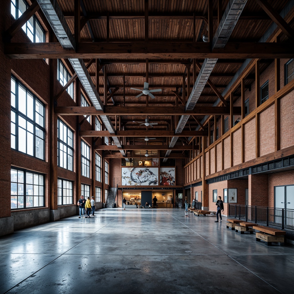 Prompt: Rustic industrial gymnasium, exposed brick walls, polished concrete floors, metallic equipment frames, vibrant neon lighting, modern minimalist decor, sleek glass partitions, natural stone accents, reclaimed wood features, urban loft atmosphere, high ceilings, open spaces, dynamic shadows, strong contrast, dramatic lighting effects, 1/2 composition, wide-angle lens, cinematic mood, realistic textures.