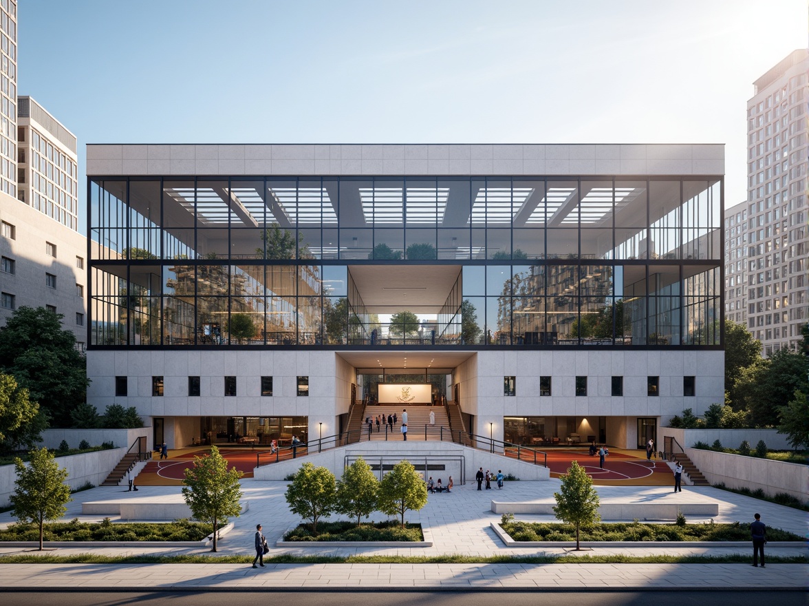 Prompt: Modern gymnasium fa\u00e7ade, international style architecture, clean lines, minimal ornamentation, rectangular forms, large windows, glass curtain walls, metal frames, cantilevered roofs, open plaza, urban landscape, bustling cityscape, dynamic street activity, morning sunlight, soft shadows, shallow depth of field, 3/4 composition, realistic materials, ambient occlusion, vibrant sports equipment, colorful athletic tracks, sleek flooring, modern lighting systems.