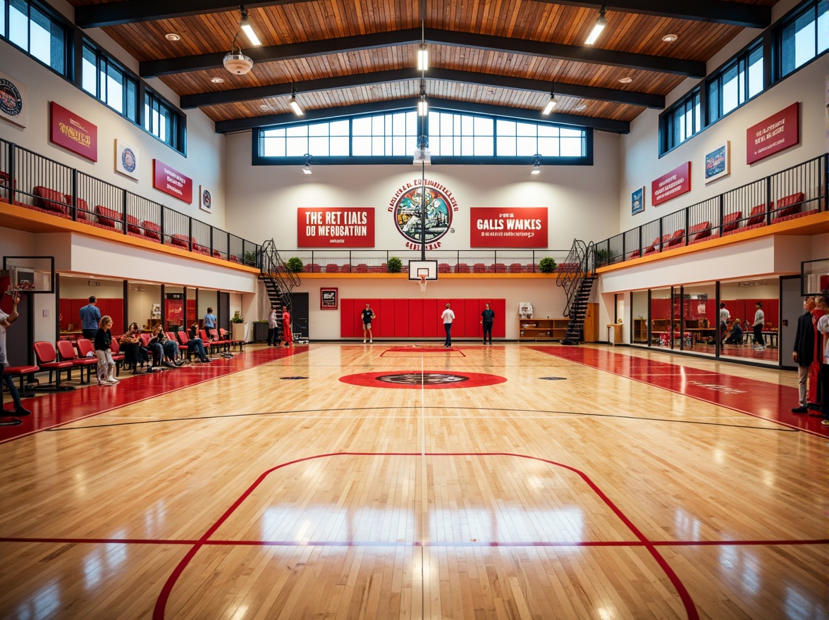 Prompt: Modern gymnasium interior, polished wooden floors, vibrant team colors, athletic equipment, basketball hoops, volleyball nets, exercise machines, mirrored walls, motivational quotes, natural light, clerestory windows, high ceilings, open spaces, flexible seating, modular furniture, sound-absorbing materials, acoustic panels, dynamic lighting, warm color scheme, energetic atmosphere, shallow depth of field, 1/1 composition, realistic textures, ambient occlusion.