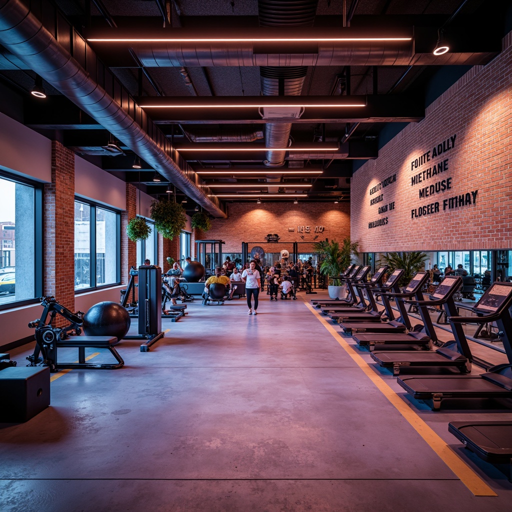 Prompt: Vibrant fitness club interior, industrial-chic decor, exposed brick walls, polished concrete floors, metallic accents, modern LED lighting, sleek steel beams, minimalist design, state-of-the-art equipment, mirrored walls, motivational quotes, bold color schemes, dynamic spatial layout, high-contrast textures, urban loft atmosphere, natural stone features, reclaimed wood accents, dramatic ceiling heights, energetic ambiance, fast-paced music, panoramic windows, abundant natural light, shallow depth of field, 1/2 composition, realistic reflections.