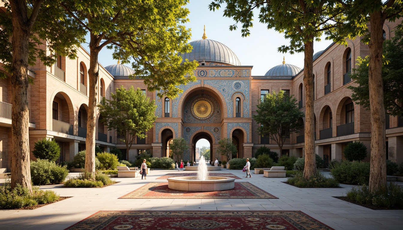 Prompt: Intricate Byzantine mosaics, vibrant gold tiles, ornate patterns, sacred icons, lavish decorations, high school courtyard, ornamental fountains, lush greenery, sunny day, soft warm lighting, shallow depth of field, 3/4 composition, panoramic view, realistic textures, ambient occlusion, arches, domes, columns, marble floors, ornate doorways, intricate carvings, richly patterned rugs.