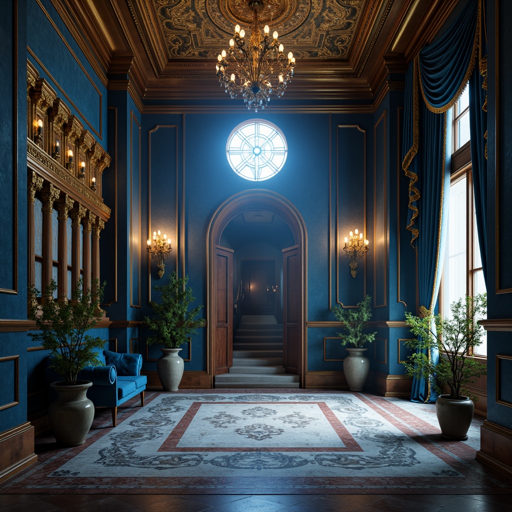 Prompt: Richly textured Prussian blue walls, ornate gold accents, lavish interior decor, intricate stonework, grandiose high ceilings, majestic columns, regal archways, opulent chandeliers, sumptuous velvet drapes, luxurious marble floors, dramatic spotlights, cinematic shadows, atmospheric misting, 1/2 composition, symmetrical framing, realistic reflections, detailed normal maps.