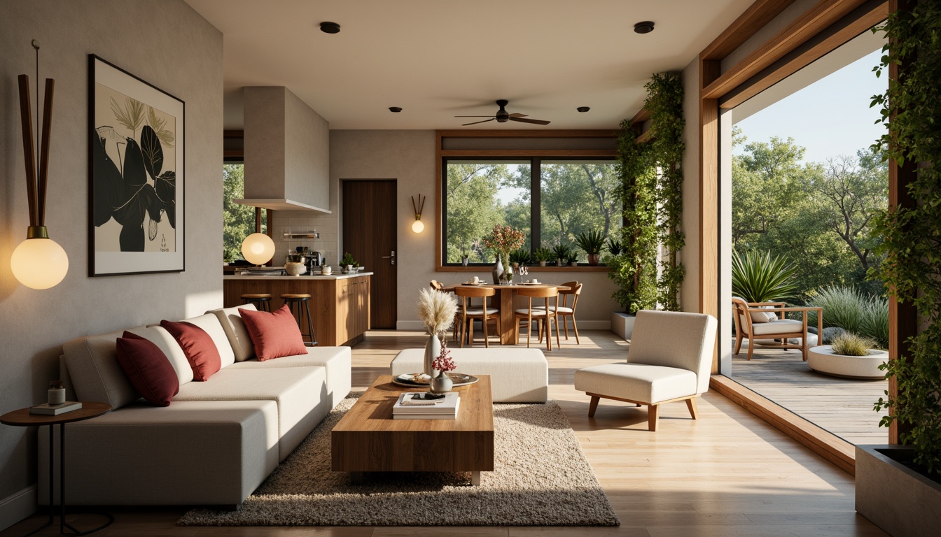 Prompt: Cozy living room, minimalistic furniture, soft warm lighting, comfortable seating areas, open-plan kitchen, dining table, floor-to-ceiling windows, natural ventilation, modern interior design, wooden flooring, textured rugs, abstract artwork, green walls, vertical gardens, calming color palette, shallow depth of field, 1/2 composition, realistic textures, ambient occlusion.