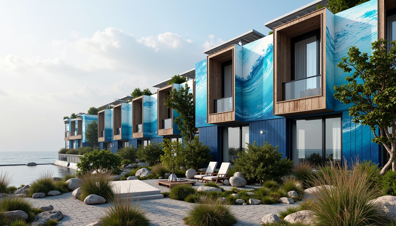 Prompt: Coastal building facade, wave-inspired design, ocean-blue hues, weathered wood accents, salt-resistant materials, corrosion-protected metal frames, wind-defying shapes, seawater-proof windows, solar panels, green roofs, beachy textures, driftwood decorations, nautical rope details, misty ocean air, soft warm lighting, shallow depth of field, 1/1 composition, panoramic view, realistic reflections, ambient occlusion.