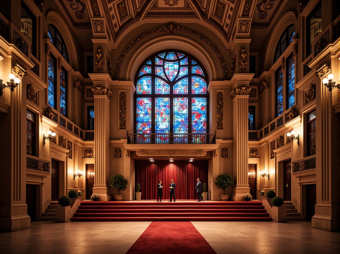 Prompt: Grand theater facade, ornate academic details, colored glass windows, vibrant stained glass patterns, intricate stone carvings, classical columns, dramatic arches, grand entrance doors, red carpet stairs, luxurious velvet curtains, spotlights, warm golden lighting, 1/1 composition, low-angle shot, realistic reflections, ambient occlusion.