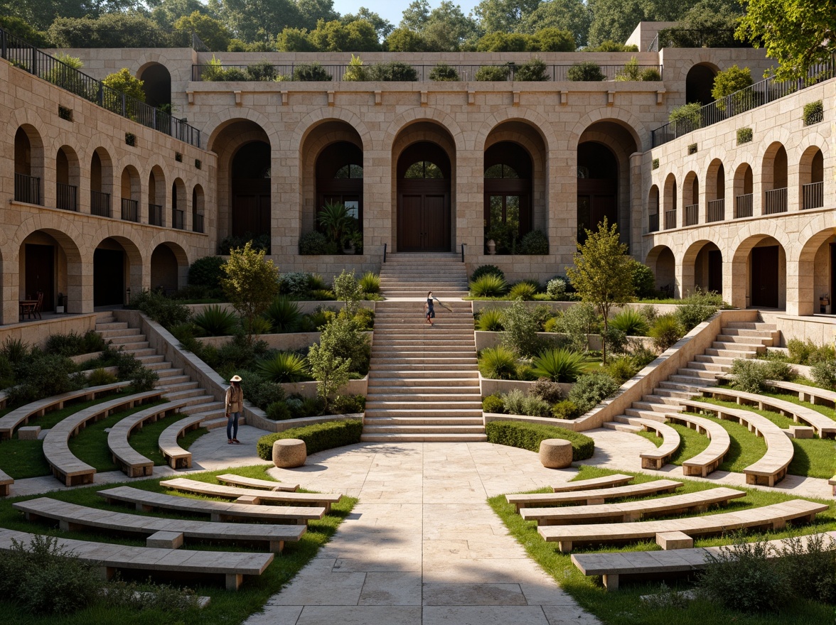 Prompt: Natural stone amphitheater, curved seating areas, grassy slopes, wooden benches, rustic metal railings, earthy tones, organic textures, grand staircase, monumental architecture, imposing columns, dramatic arches, soft warm lighting, low-angle shot, atmospheric perspective, 3/4 composition, symmetrical balance, realistic shading, detailed normal maps.