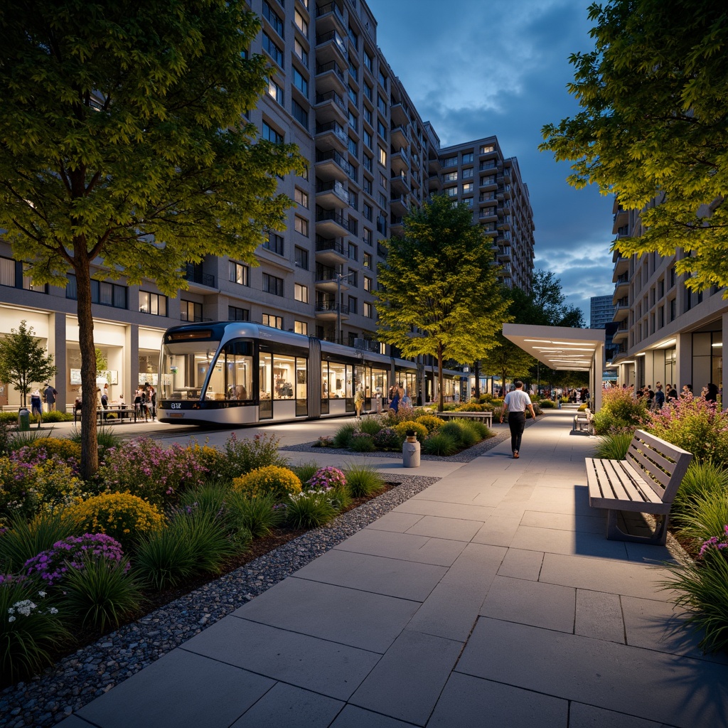 Prompt: Urban tram station, modern transportation hub, pedestrian-friendly zone, lush greenery, vibrant flowers, ornamental trees, public art installations, seating areas, stainless steel benches, sleek metal railings, urban lighting systems, night-time illumination, shallow depth of field, 1/1 composition, realistic textures, ambient occlusion.