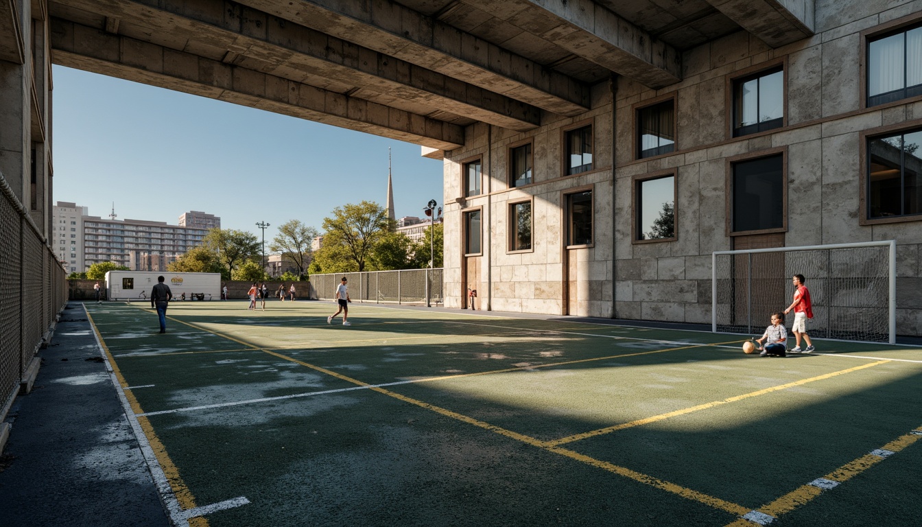 Prompt: Rugged athletic fields, brutalist architecture, exposed concrete structures, bold geometric forms, raw industrial materials, weathered steel beams, robust columns, monumental scale, dramatic shading, intense natural light, functional spaces, minimal ornamentation, utilitarian design, urban landscape, asphalt surfaces, chain-link fences, goalposts, sports equipment, vibrant team colors, dynamic action scenes, fast shutter speed, high-contrast lighting, gritty textures, realistic atmosphere.